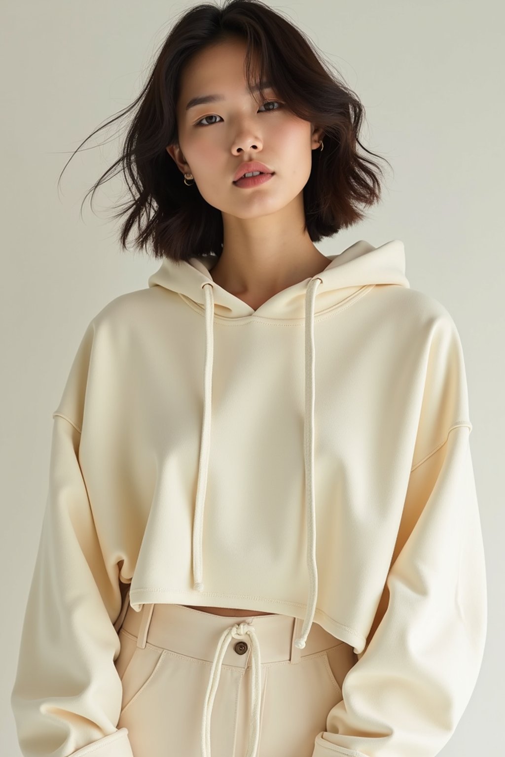 woman wearing cropped cream hoodie  in try on fashion shoot for Zara Shein H&M