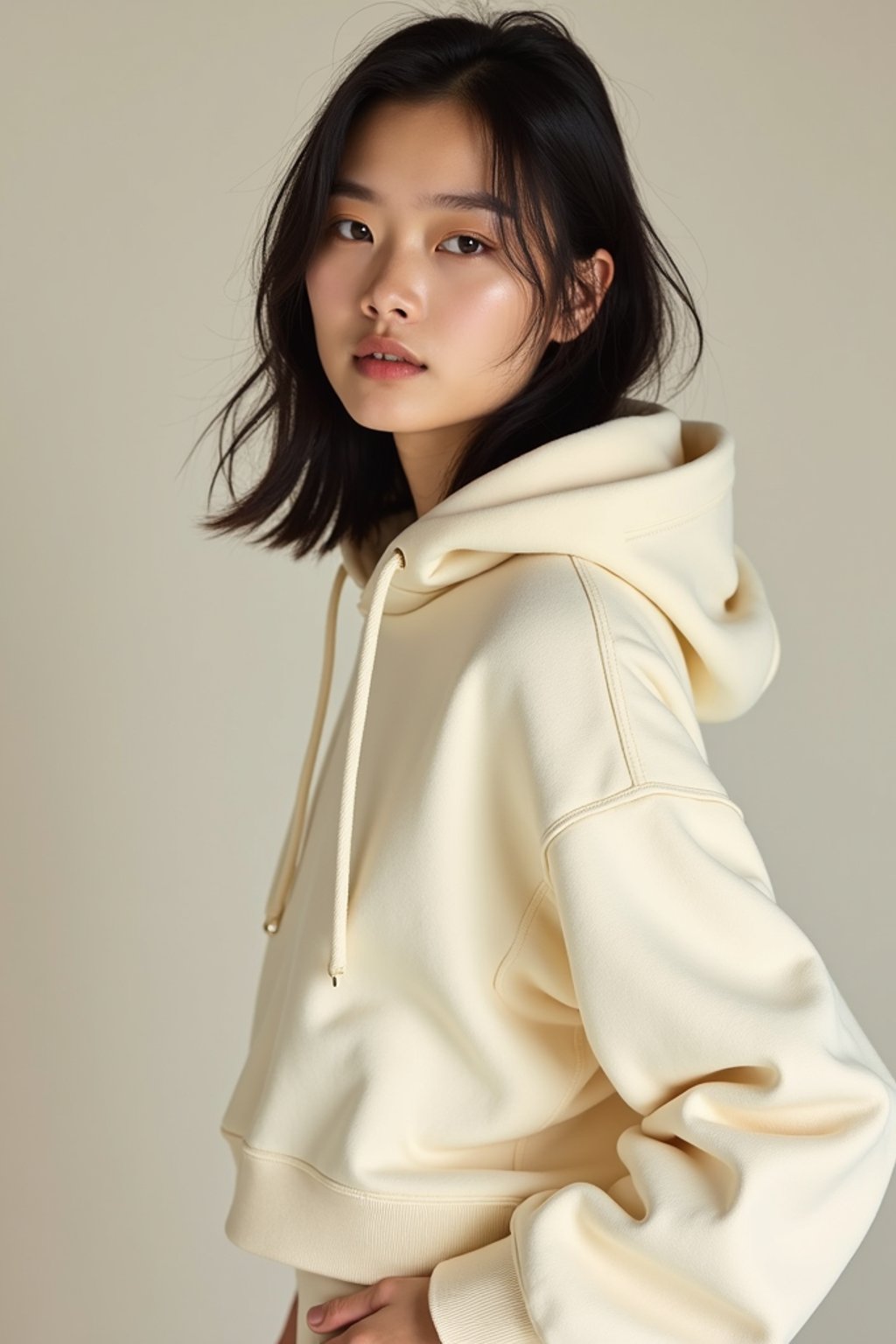 woman wearing cropped cream hoodie  in try on fashion shoot for Zara Shein H&M