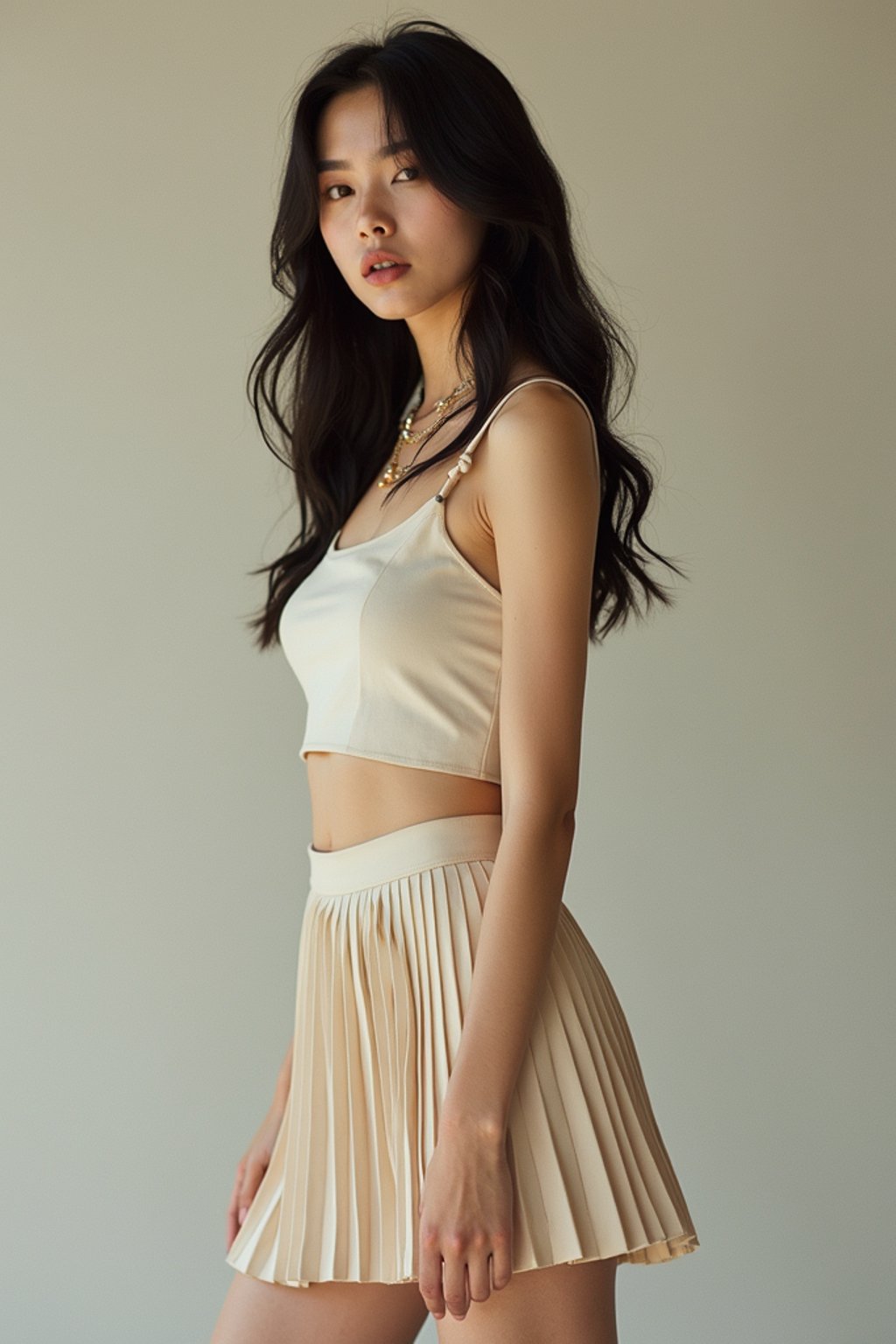 woman wearing crop top and short pleated skirt  in try on fashion shoot for Zara Shein H&M