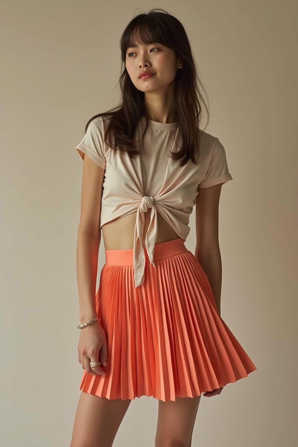 woman wearing crop top and short pleated skirt  in try on fashion shoot for Zara Shein H&M