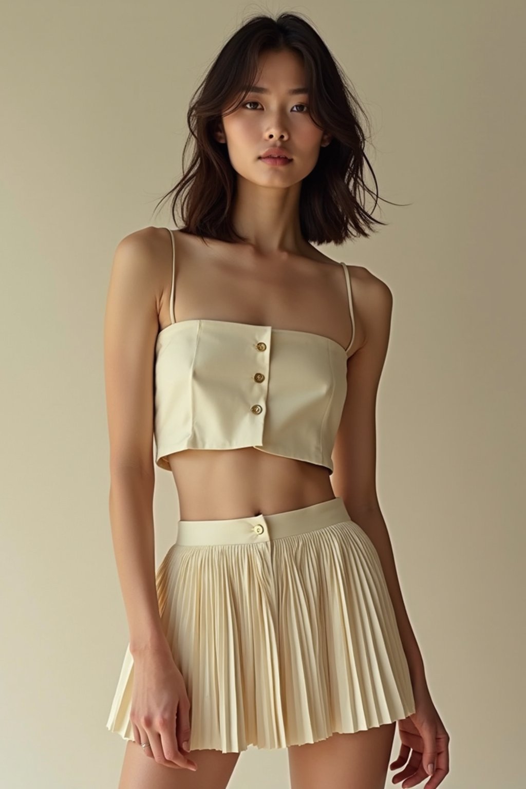 woman wearing crop top and short pleated skirt  in try on fashion shoot for Zara Shein H&M