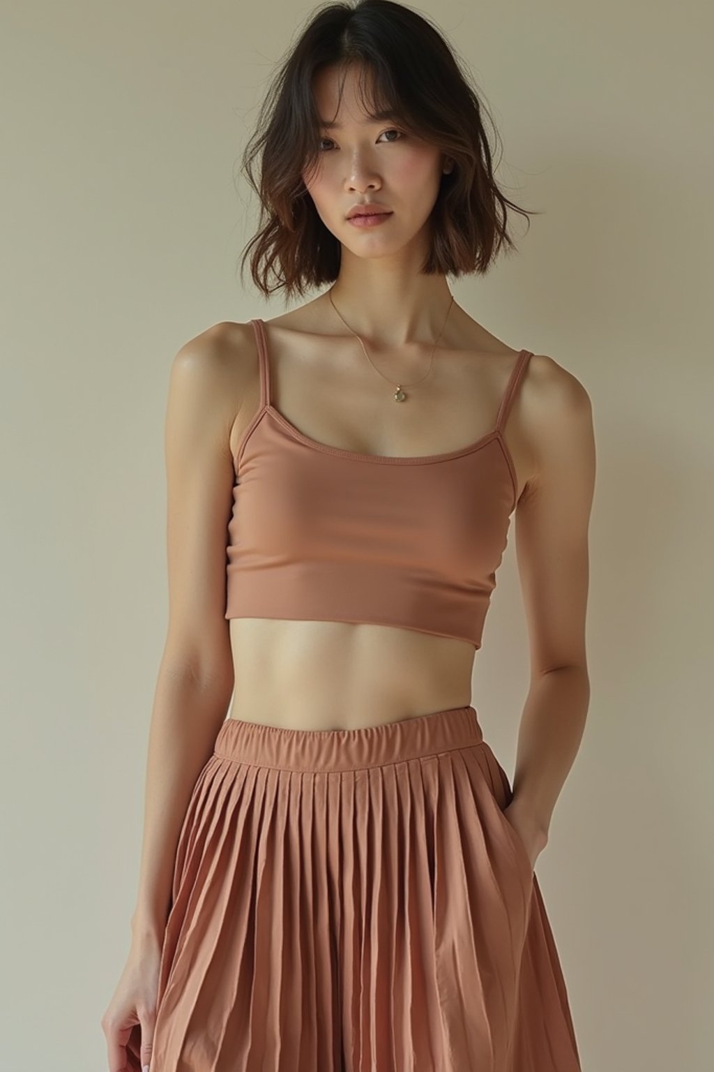 woman wearing crop top and short pleated skirt  in try on fashion shoot for Zara Shein H&M