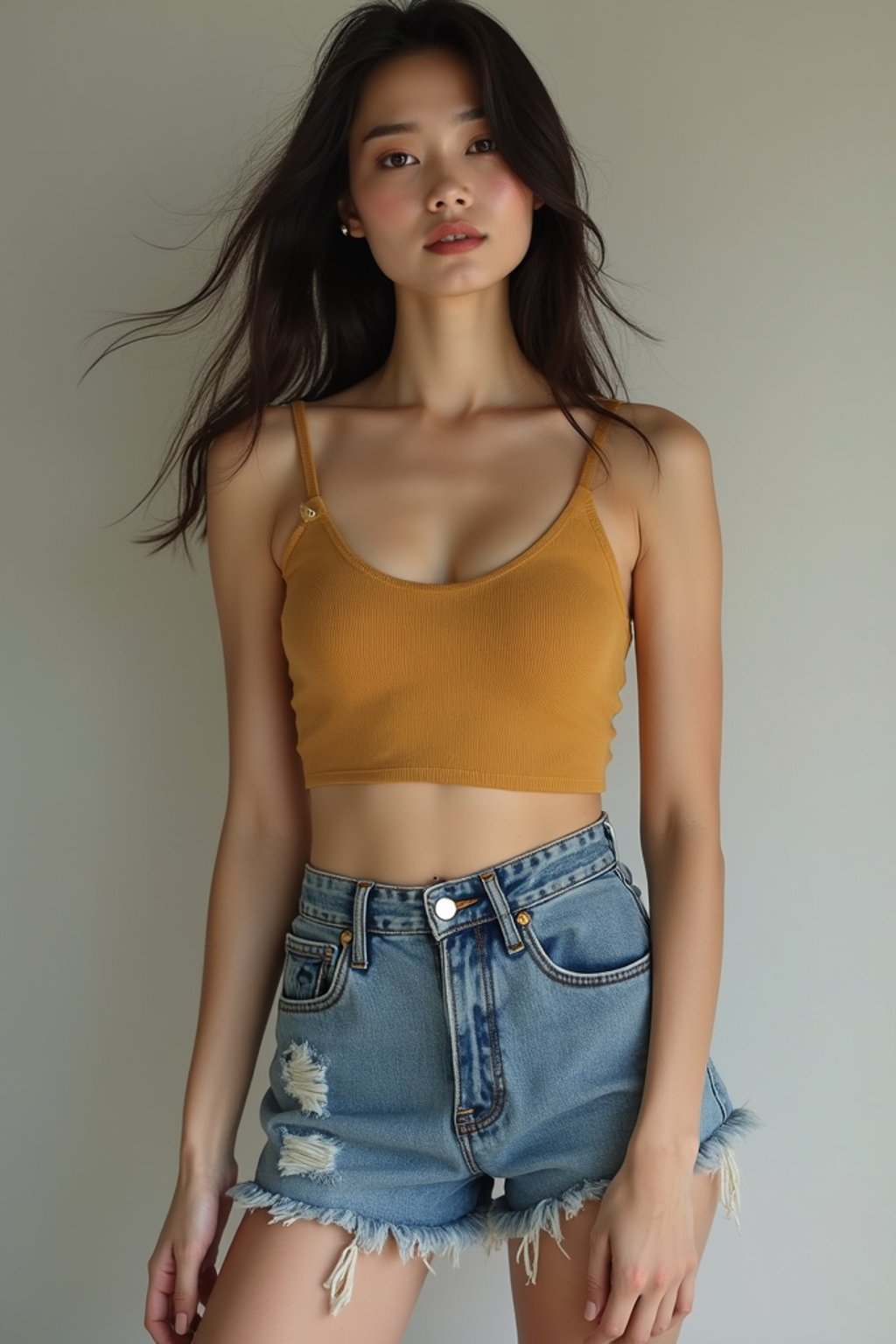 woman wearing crop top and denim shorts  in try on fashion shoot for Zara Shein H&M