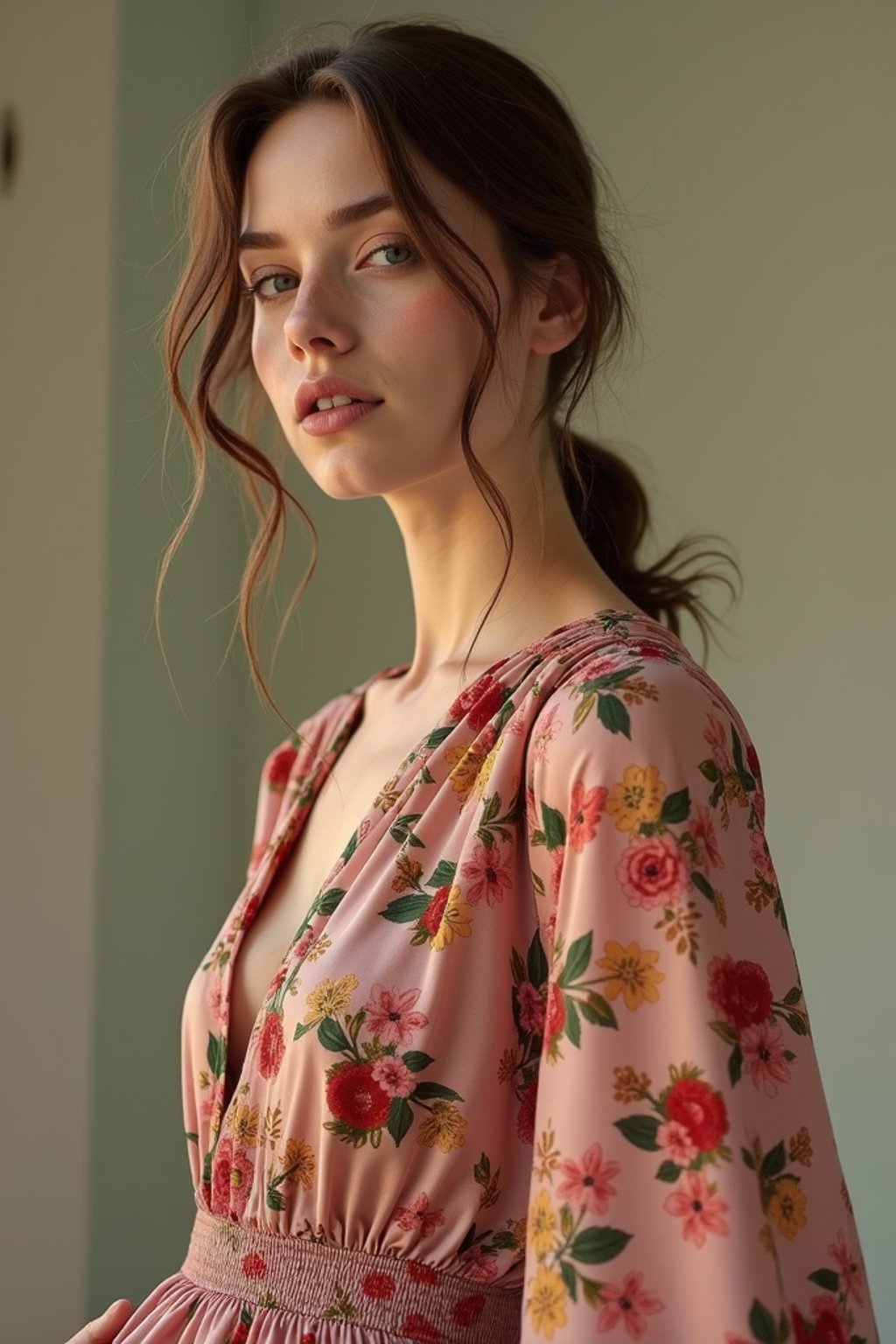 woman wearing silk floral dress  in try on fashion shoot for Zara Shein H&M