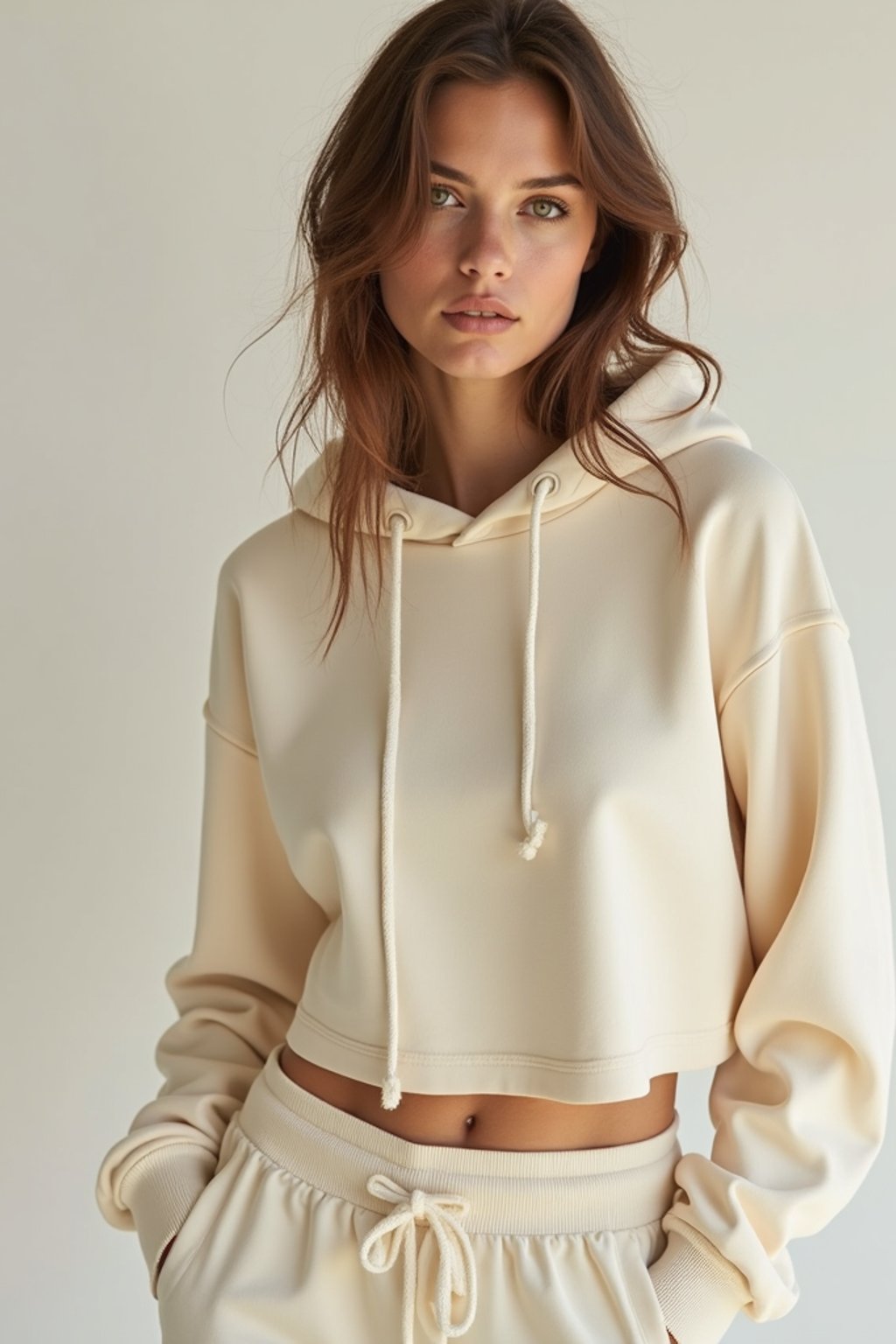 woman wearing cropped cream hoodie  in try on fashion shoot for Zara Shein H&M