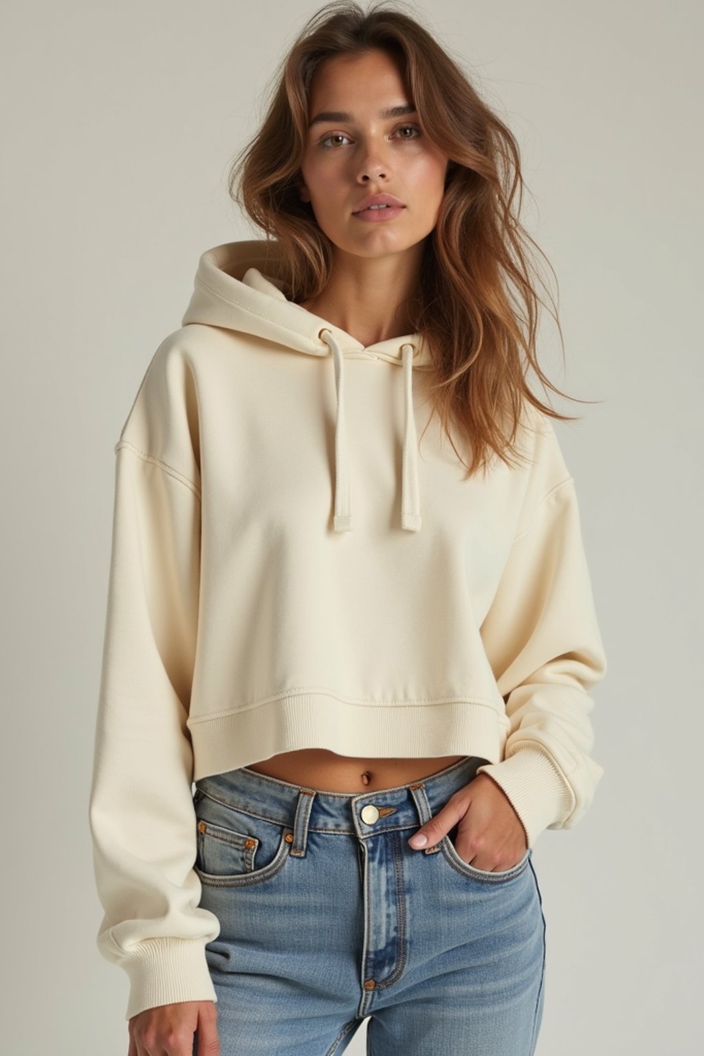 woman wearing cropped cream hoodie  in try on fashion shoot for Zara Shein H&M