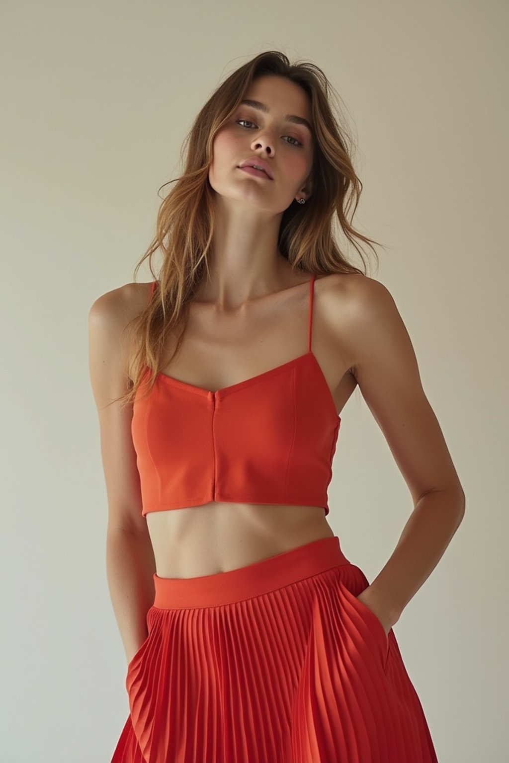 woman wearing crop top and short pleated skirt  in try on fashion shoot for Zara Shein H&M