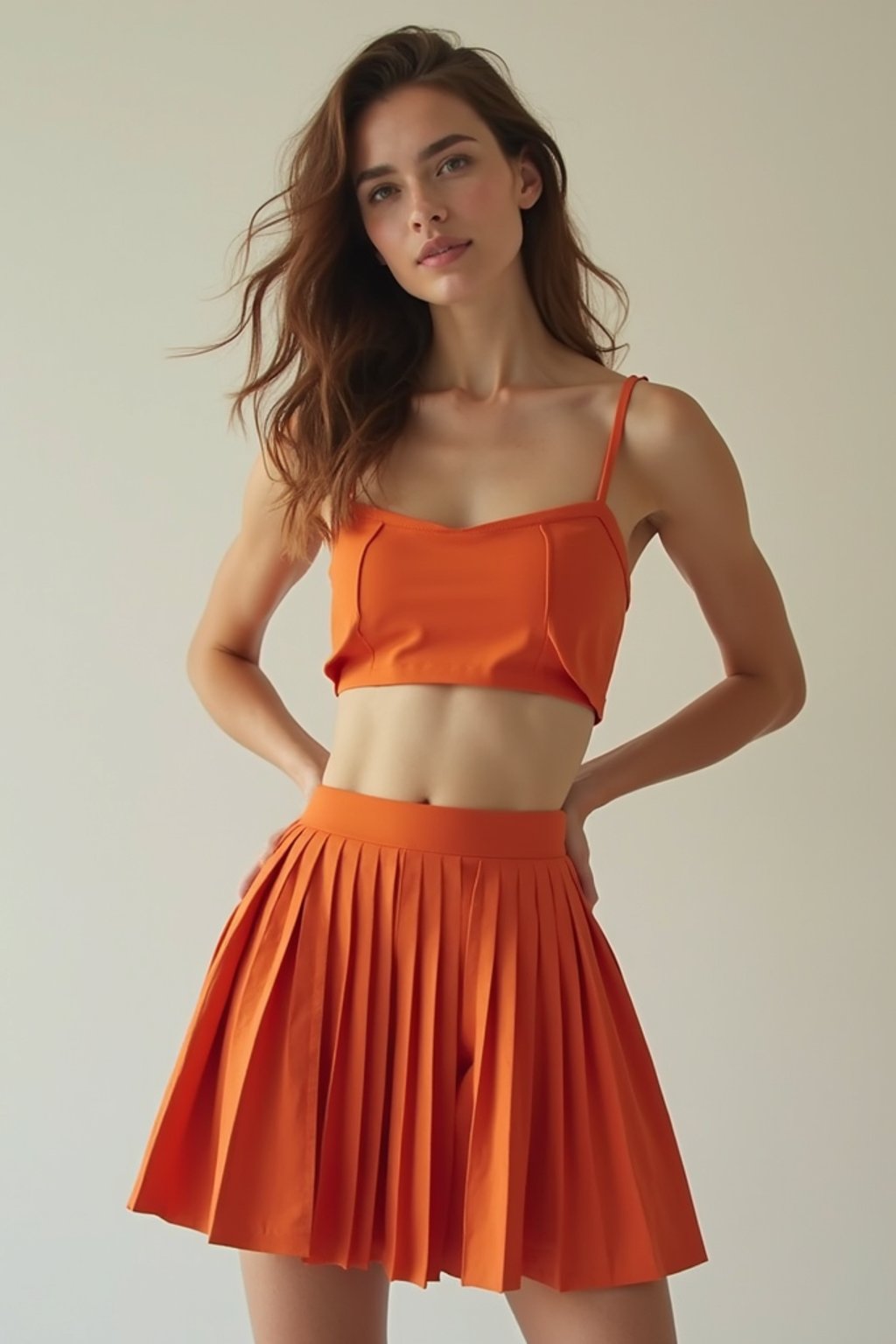 woman wearing crop top and short pleated skirt  in try on fashion shoot for Zara Shein H&M