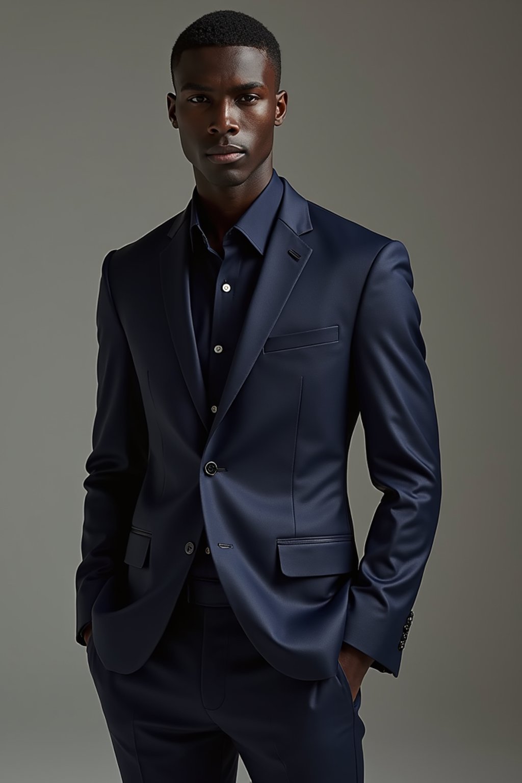 man wearing  navy colored suit in try on fashion shoot for Zara Shein H&M