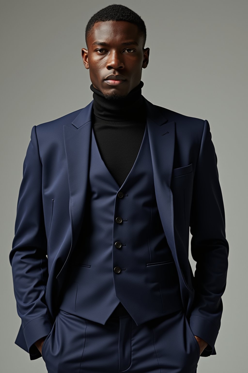 man wearing  navy colored suit in try on fashion shoot for Zara Shein H&M