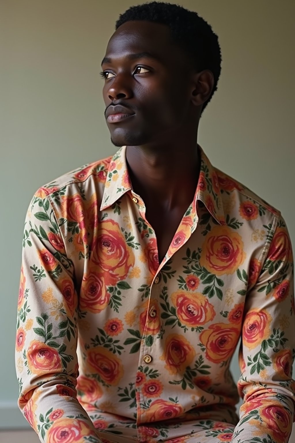 man wearing  floral silk shirt in try on fashion shoot for Zara Shein H&M