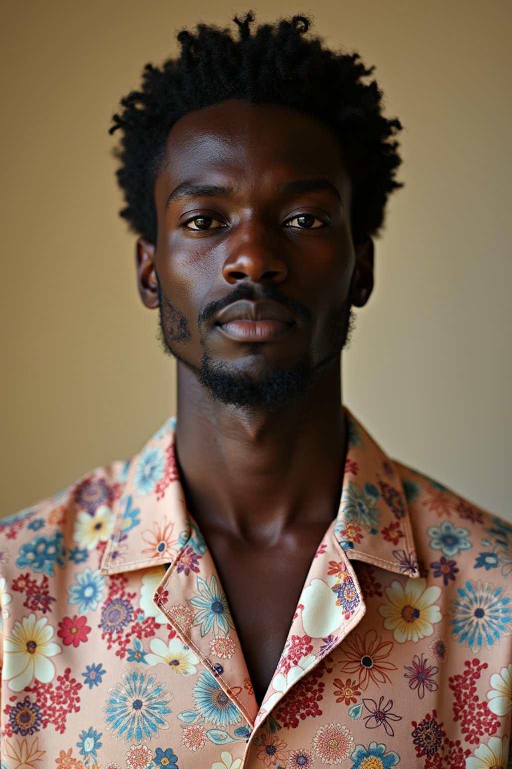 man wearing  floral silk shirt in try on fashion shoot for Zara Shein H&M