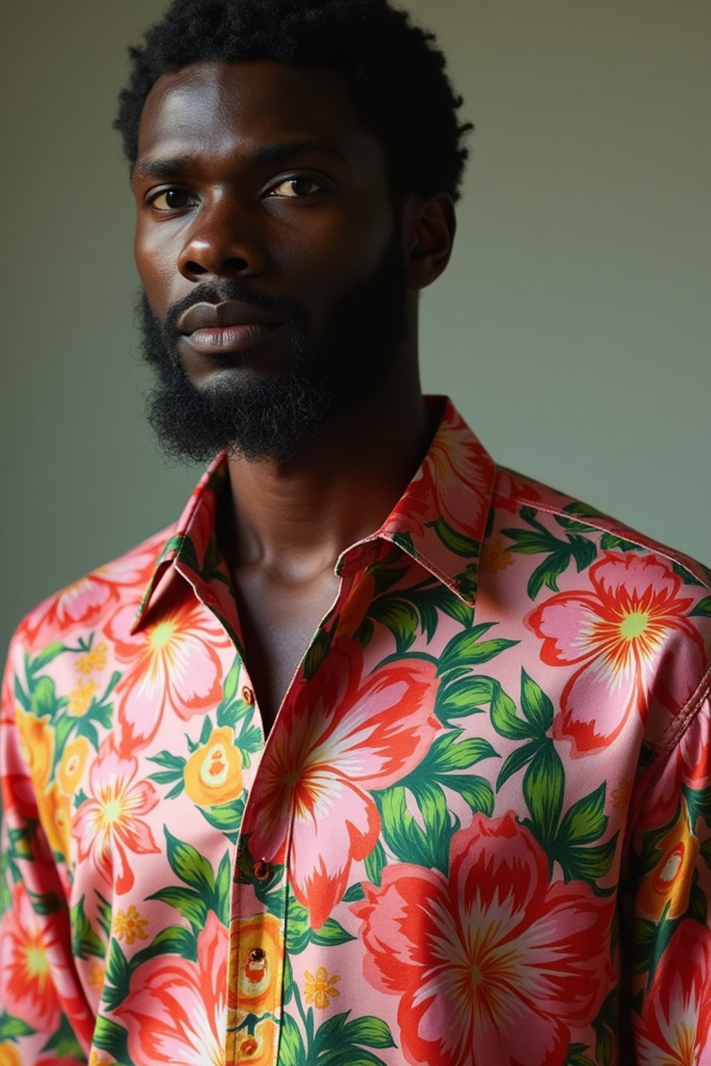 man wearing  floral silk shirt in try on fashion shoot for Zara Shein H&M