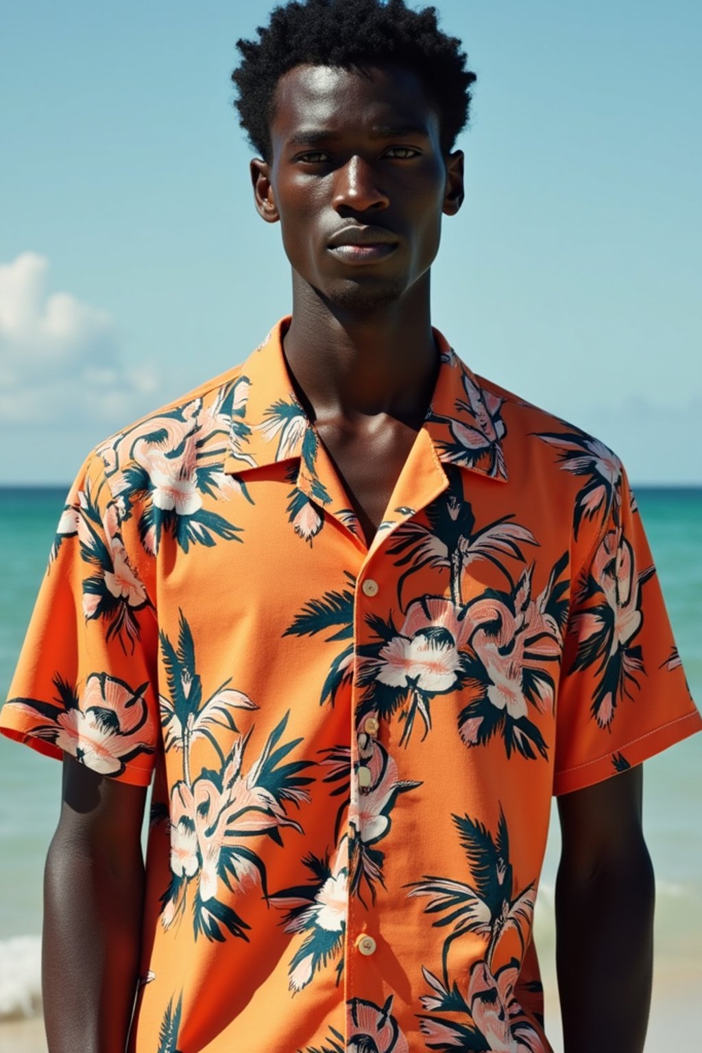 man wearing  hawaii shirt in try on fashion shoot for Zara Shein H&M