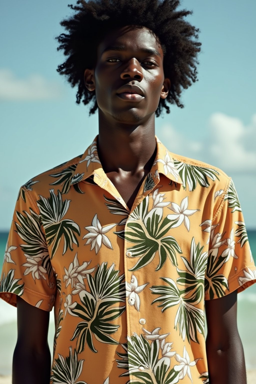 man wearing  hawaii shirt in try on fashion shoot for Zara Shein H&M