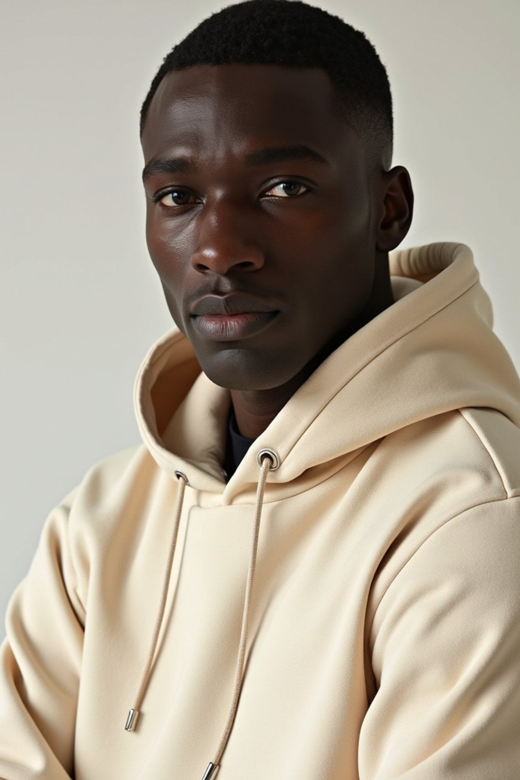 man wearing  cream hoodie in try on fashion shoot for Zara Shein H&M