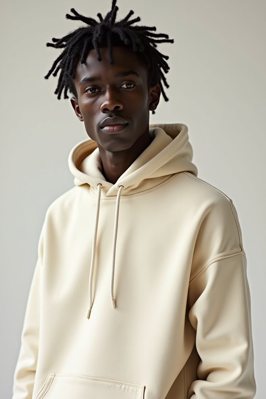 man wearing  cream hoodie in try on fashion shoot for Zara Shein H&M