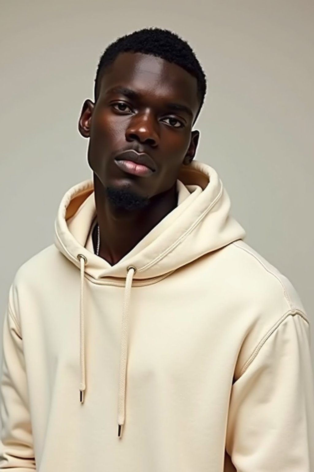 man wearing  cream hoodie in try on fashion shoot for Zara Shein H&M