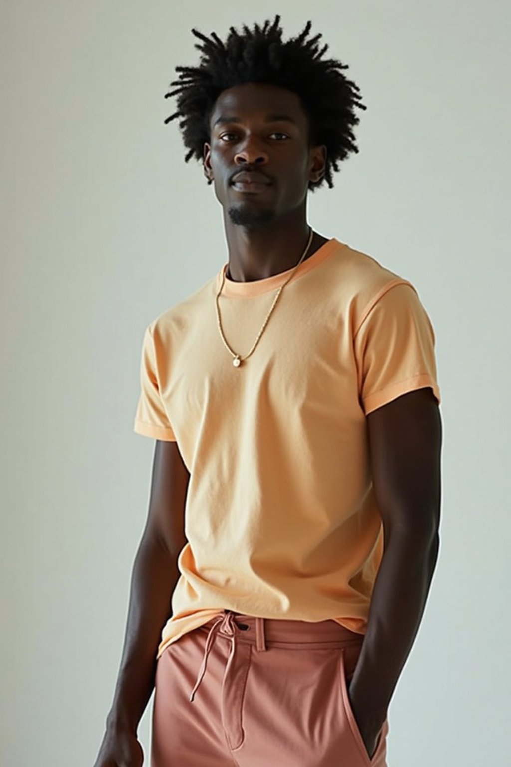 man wearing  t-shirt and pants in try on fashion shoot for Zara Shein H&M