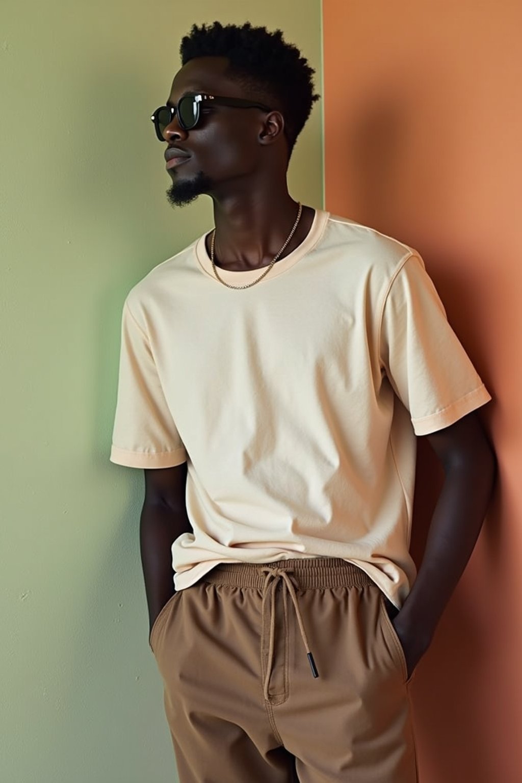 man wearing  t-shirt and pants in try on fashion shoot for Zara Shein H&M