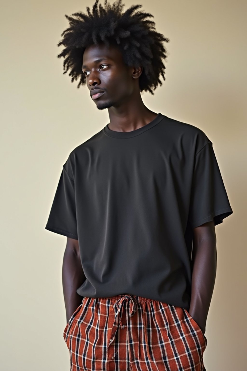 man wearing  t-shirt and pants in try on fashion shoot for Zara Shein H&M