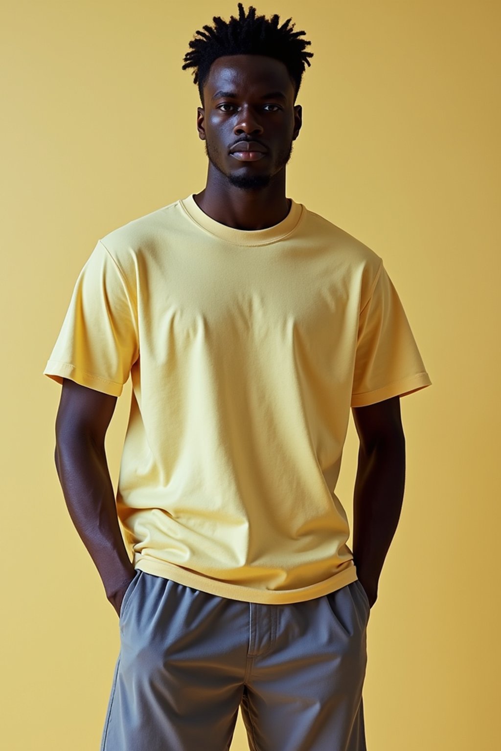 man wearing  t-shirt and gym shorts in try on fashion shoot for Zara Shein H&M