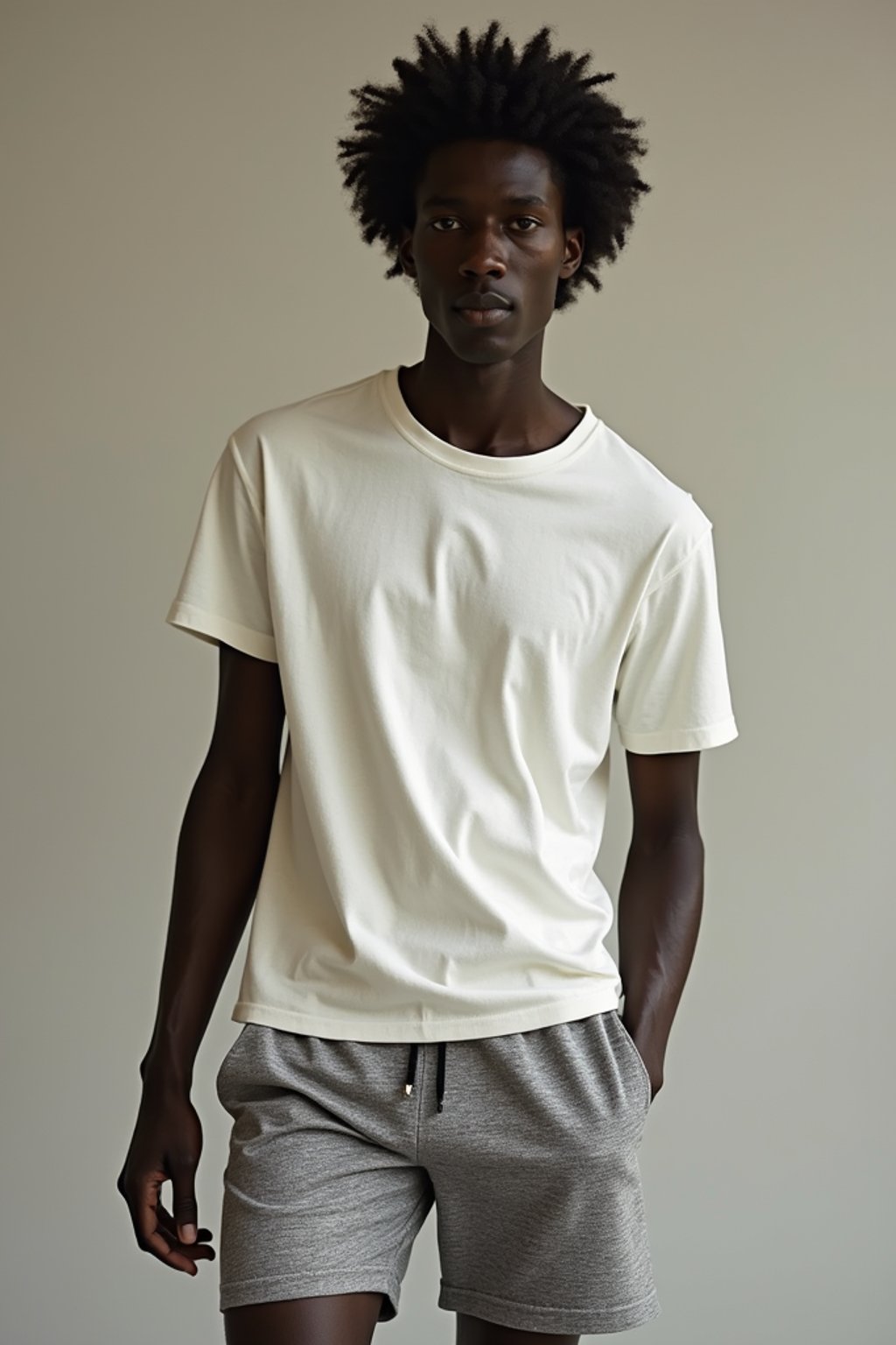 man wearing  t-shirt and gym shorts in try on fashion shoot for Zara Shein H&M