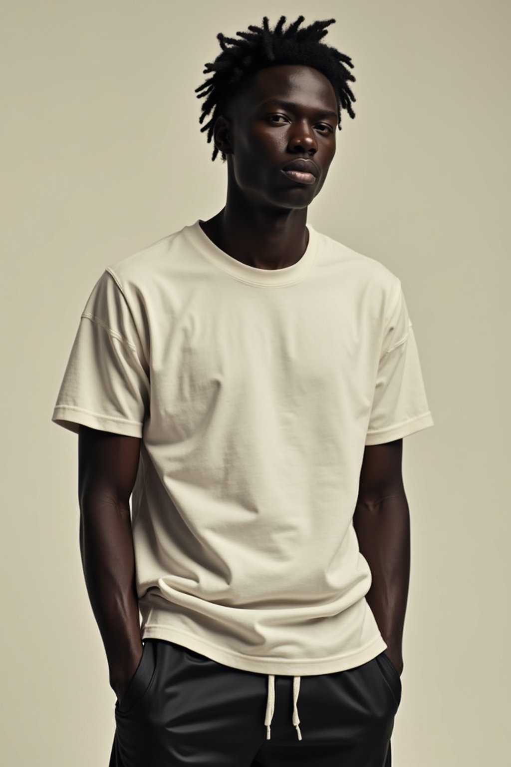 man wearing  t-shirt and gym shorts in try on fashion shoot for Zara Shein H&M