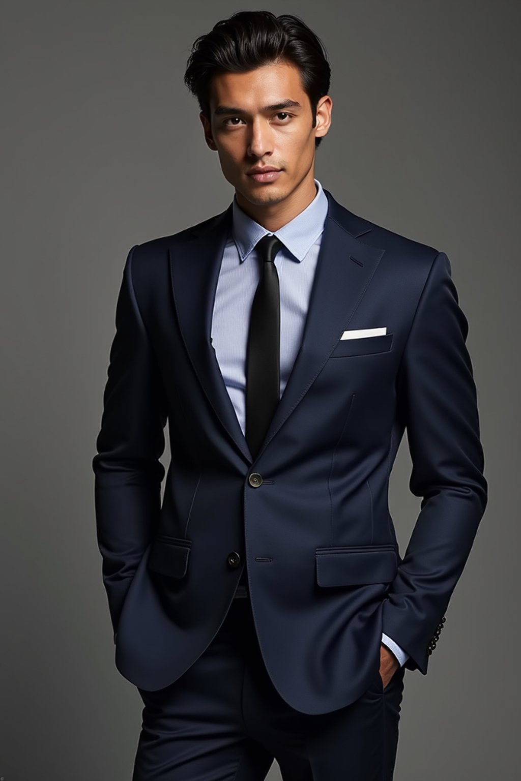 man wearing  navy colored suit in try on fashion shoot for Zara Shein H&M