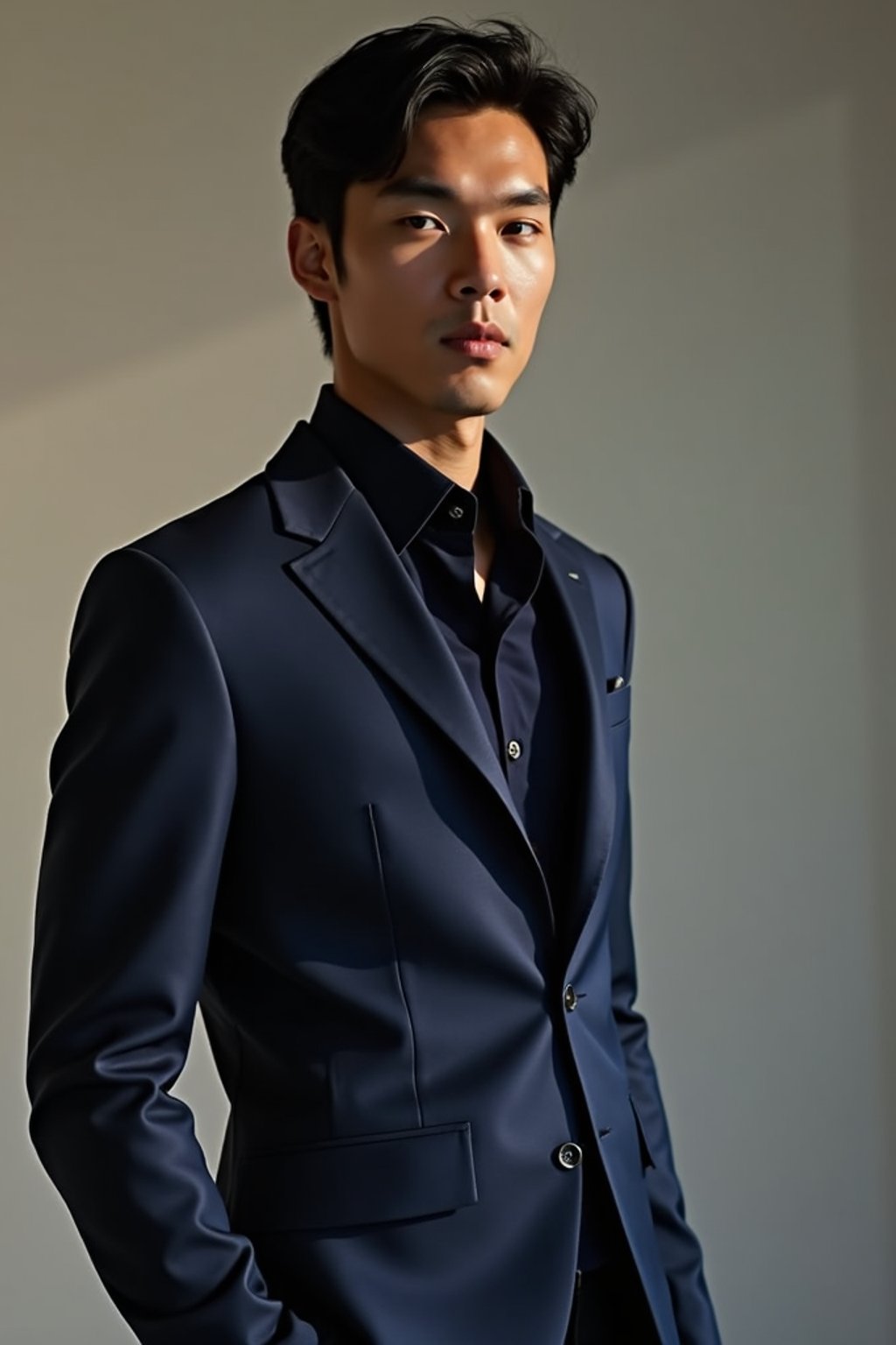 man wearing  navy colored suit in try on fashion shoot for Zara Shein H&M