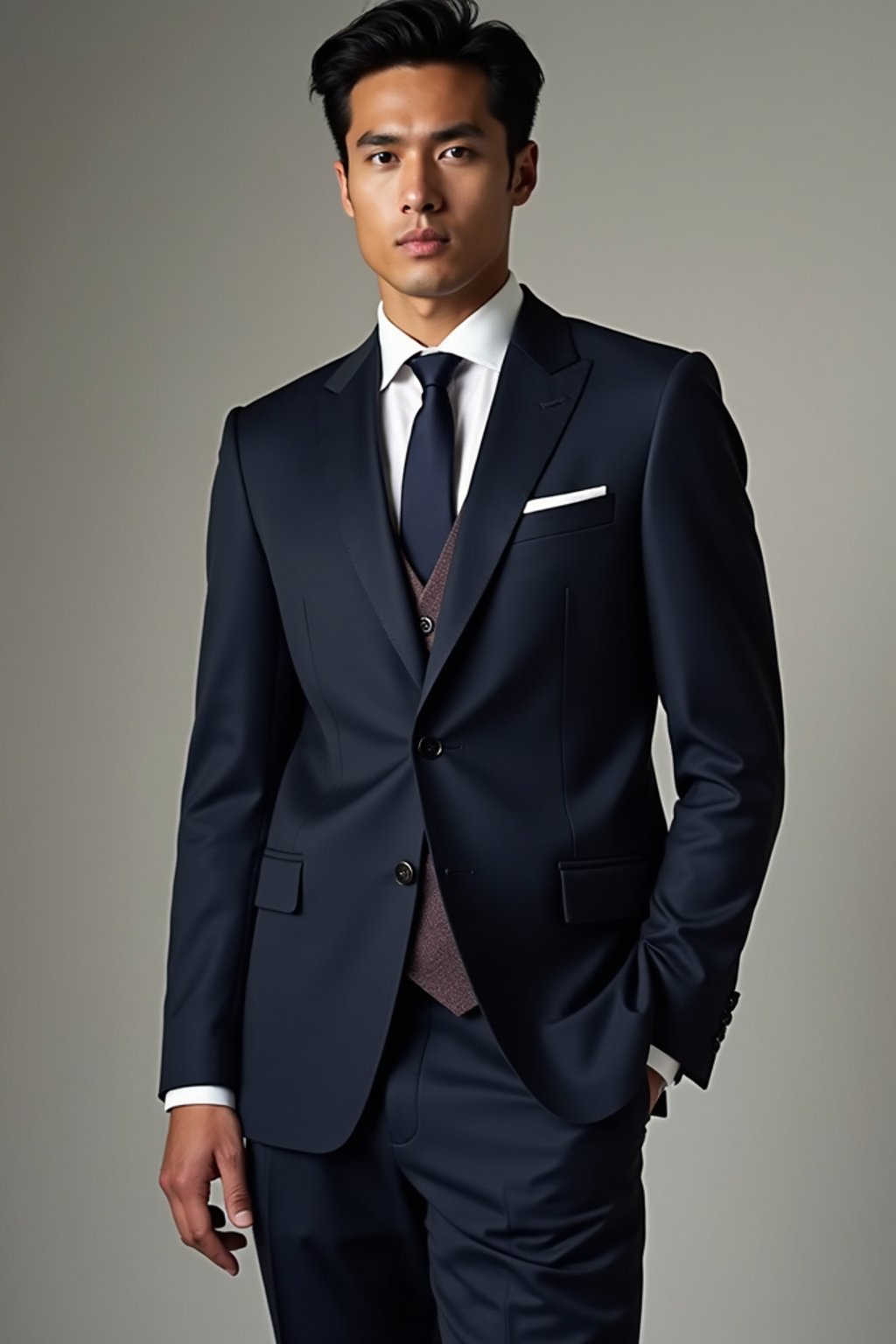 man wearing  navy colored suit in try on fashion shoot for Zara Shein H&M