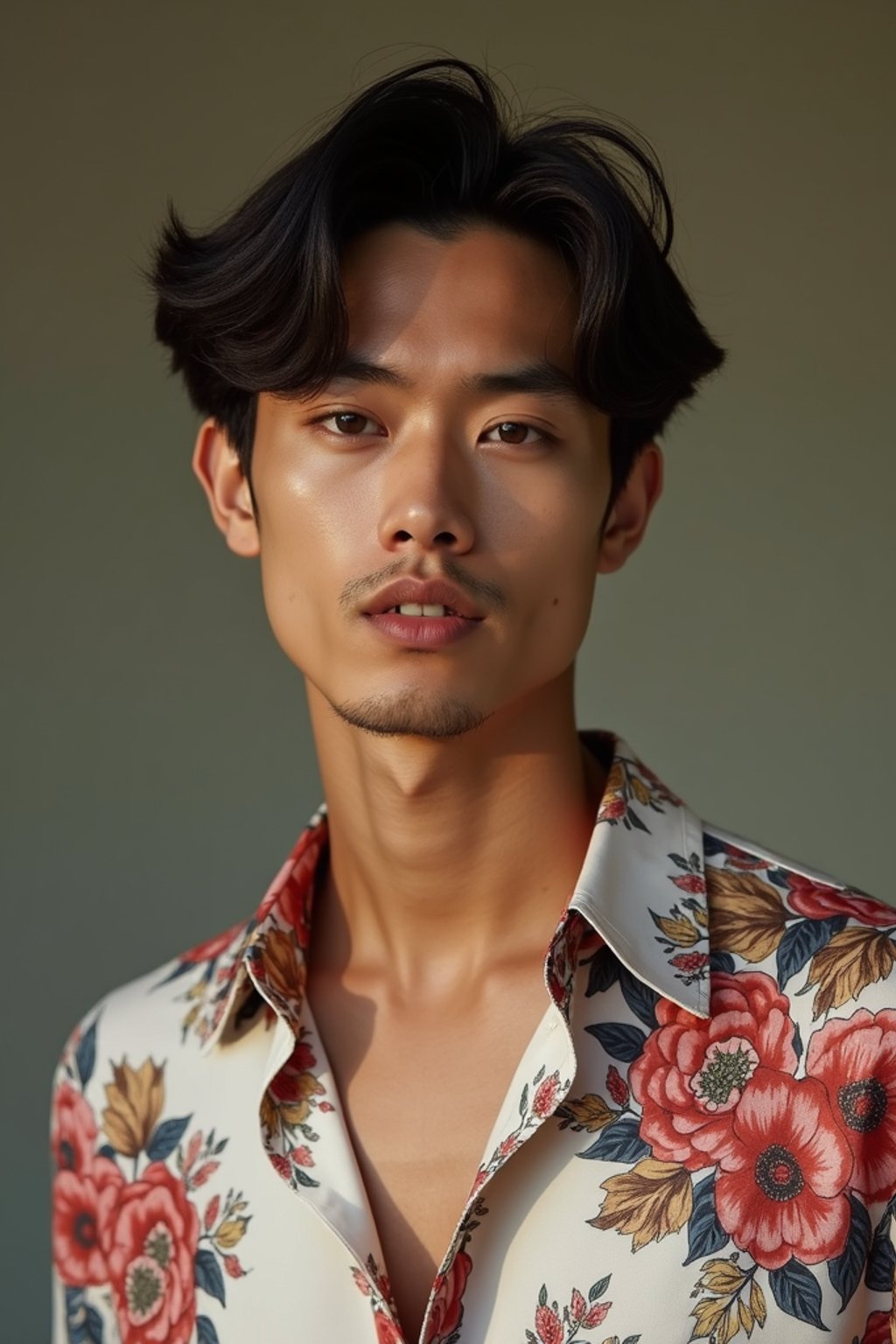 man wearing  floral silk shirt in try on fashion shoot for Zara Shein H&M