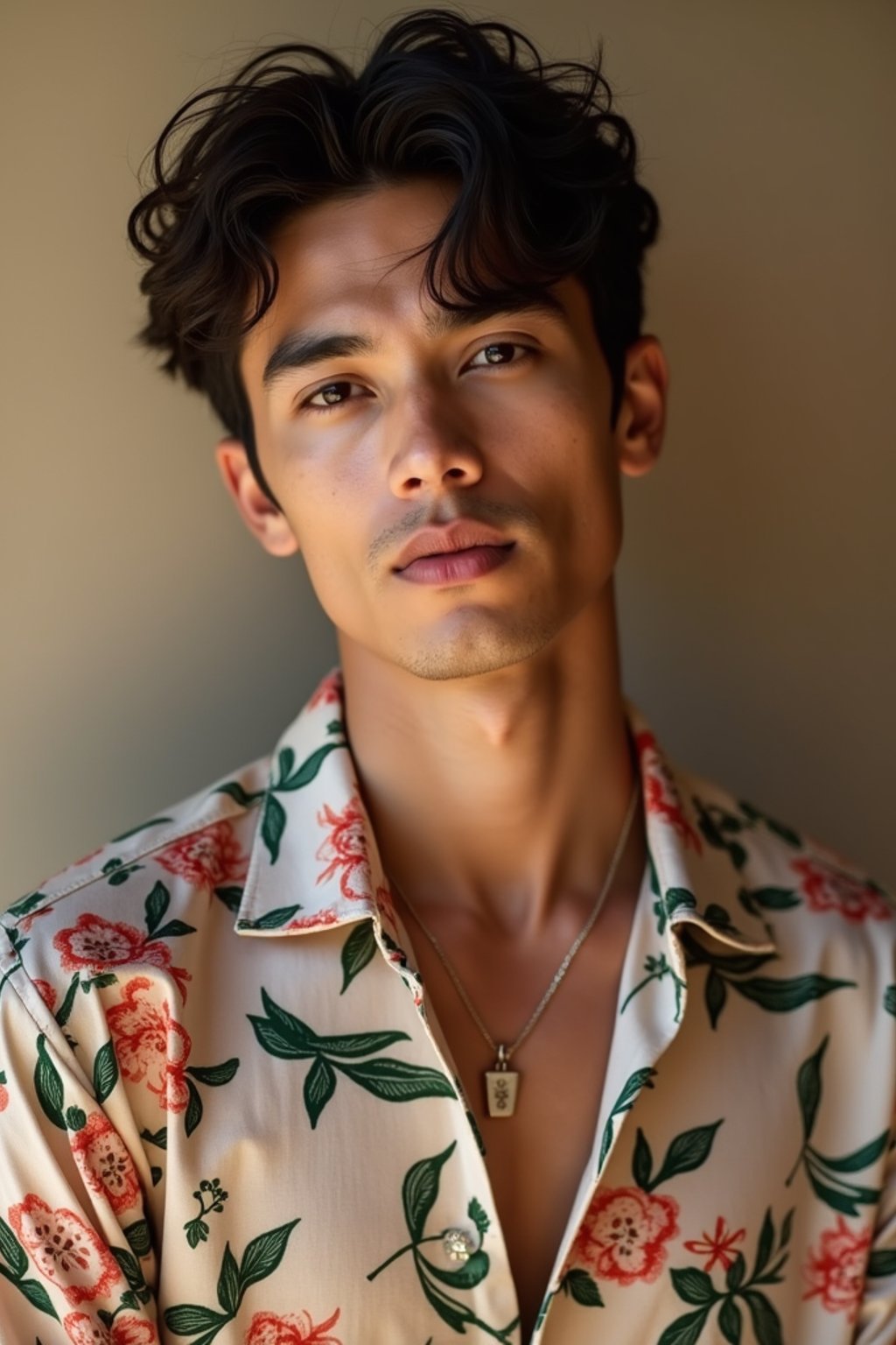 man wearing  floral silk shirt in try on fashion shoot for Zara Shein H&M