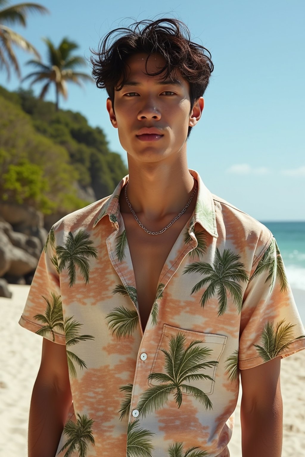 man wearing  hawaii shirt in try on fashion shoot for Zara Shein H&M