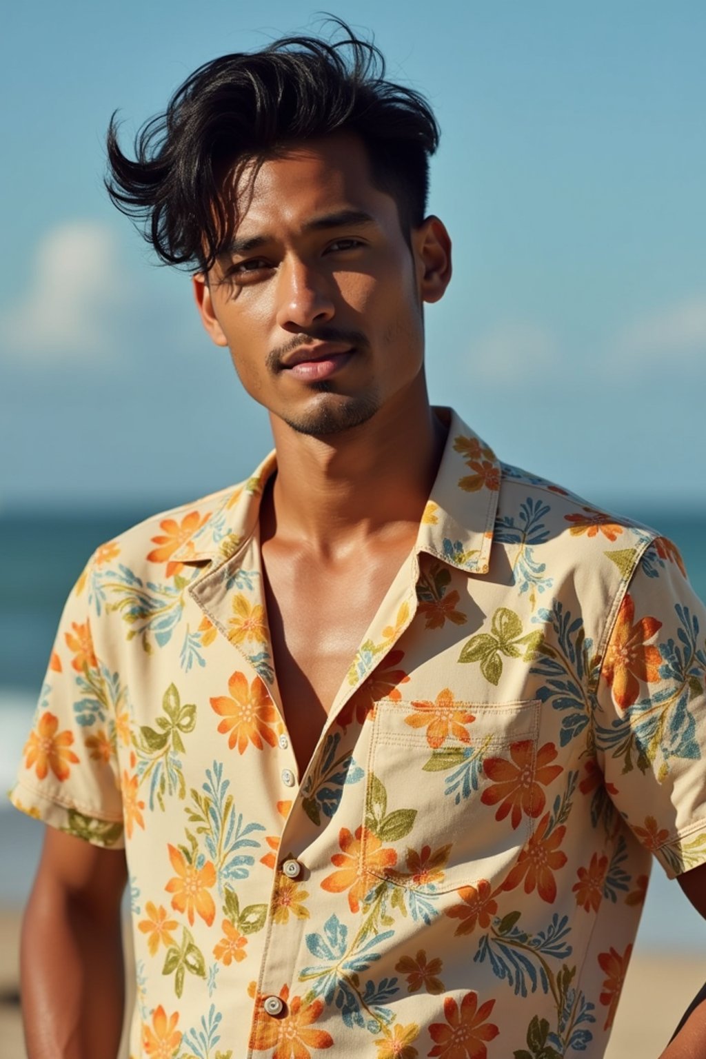 man wearing  hawaii shirt in try on fashion shoot for Zara Shein H&M