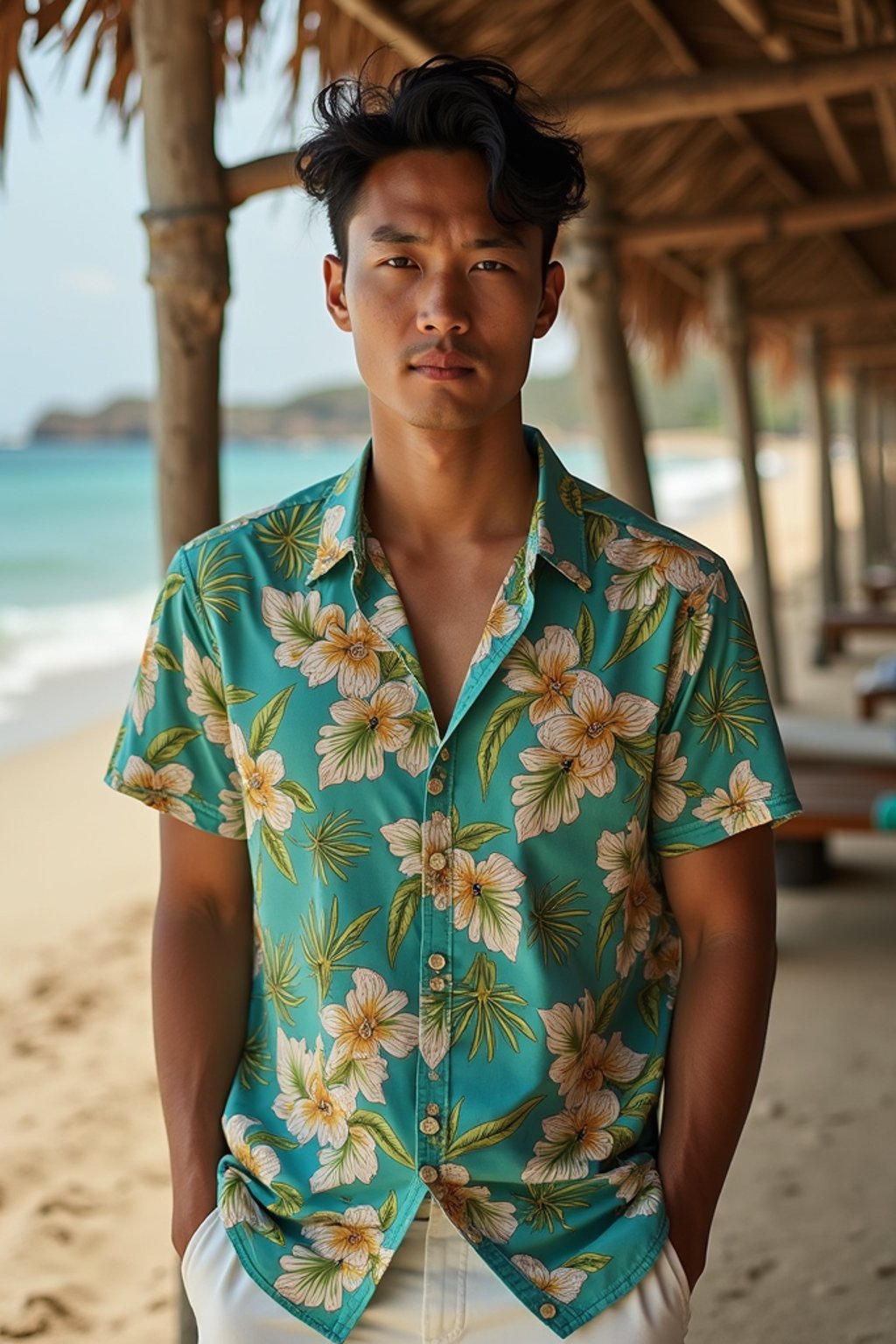 man wearing  hawaii shirt in try on fashion shoot for Zara Shein H&M