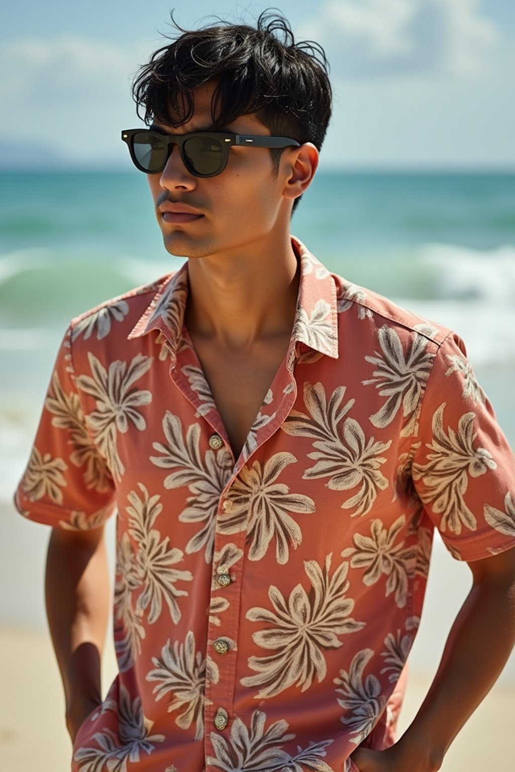 man wearing  hawaii shirt in try on fashion shoot for Zara Shein H&M