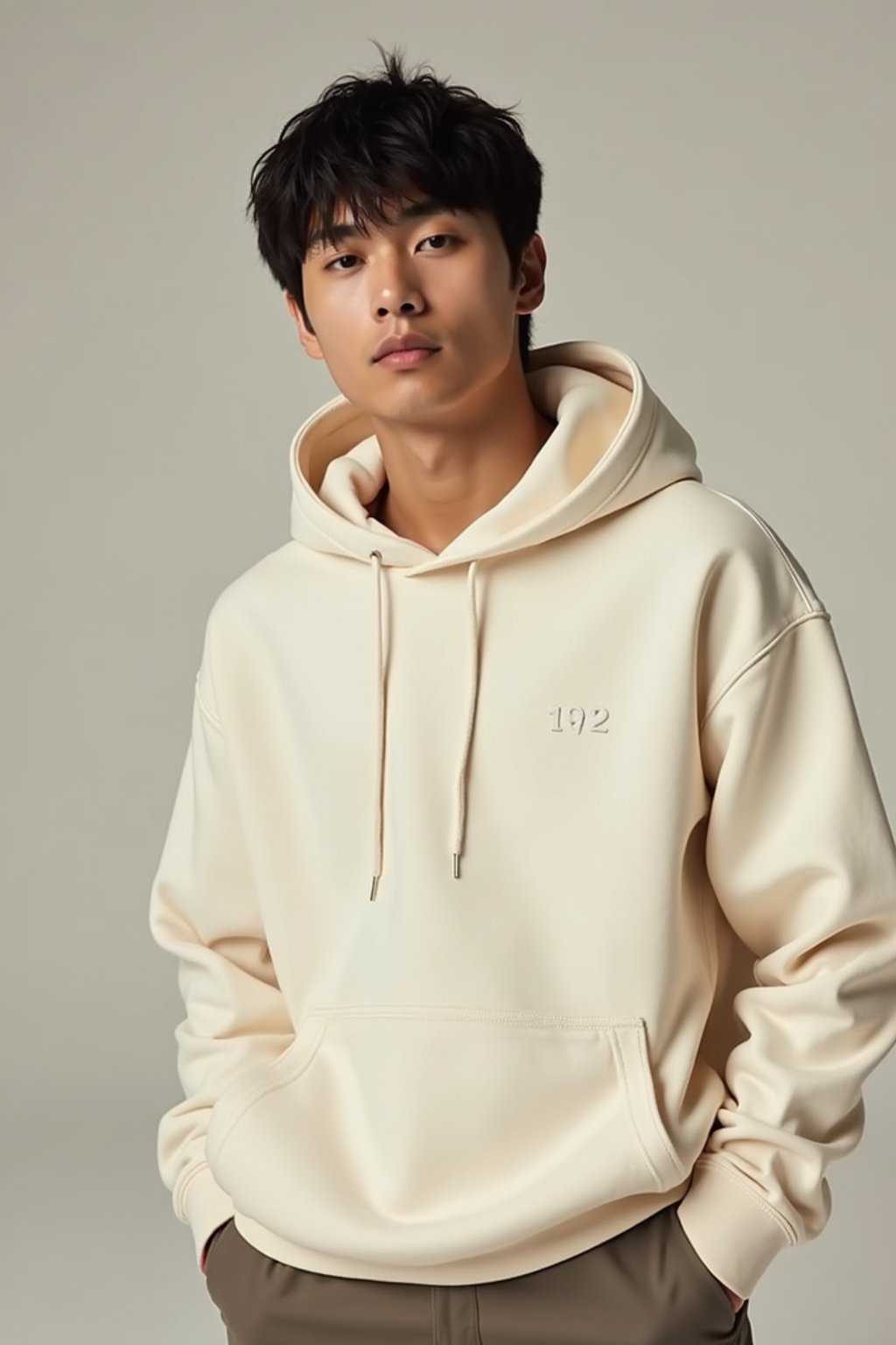 man wearing  cream hoodie in try on fashion shoot for Zara Shein H&M