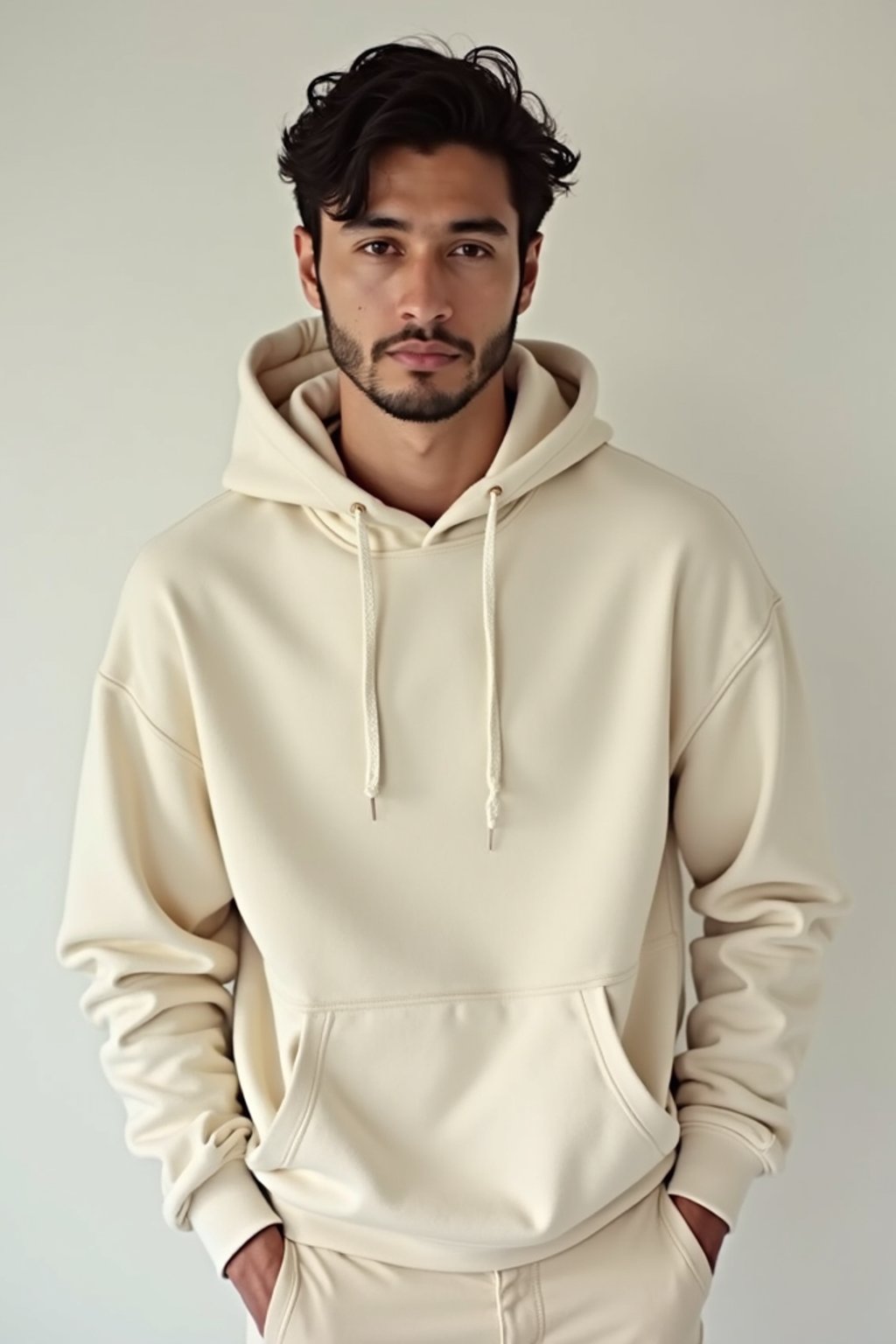 man wearing  cream hoodie in try on fashion shoot for Zara Shein H&M