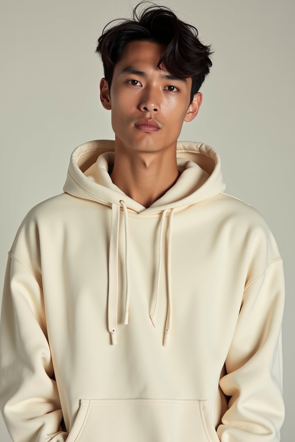 man wearing  cream hoodie in try on fashion shoot for Zara Shein H&M