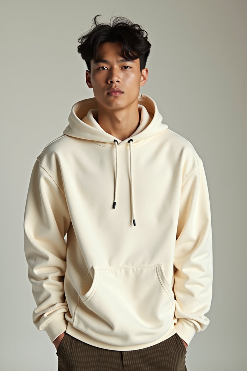 man wearing  cream hoodie in try on fashion shoot for Zara Shein H&M