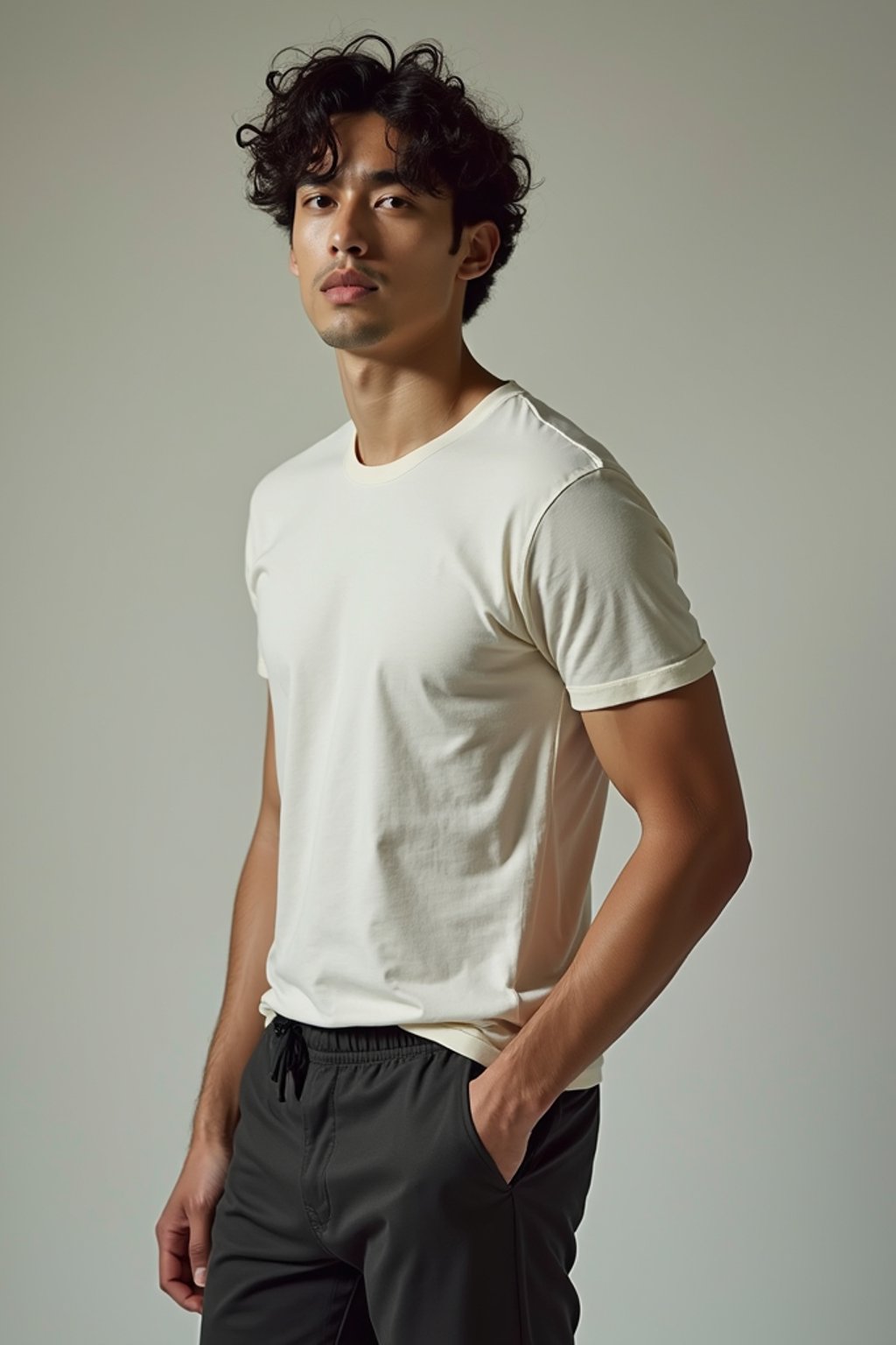 man wearing  t-shirt and pants in try on fashion shoot for Zara Shein H&M