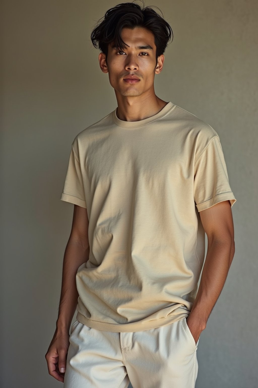 man wearing  t-shirt and pants in try on fashion shoot for Zara Shein H&M