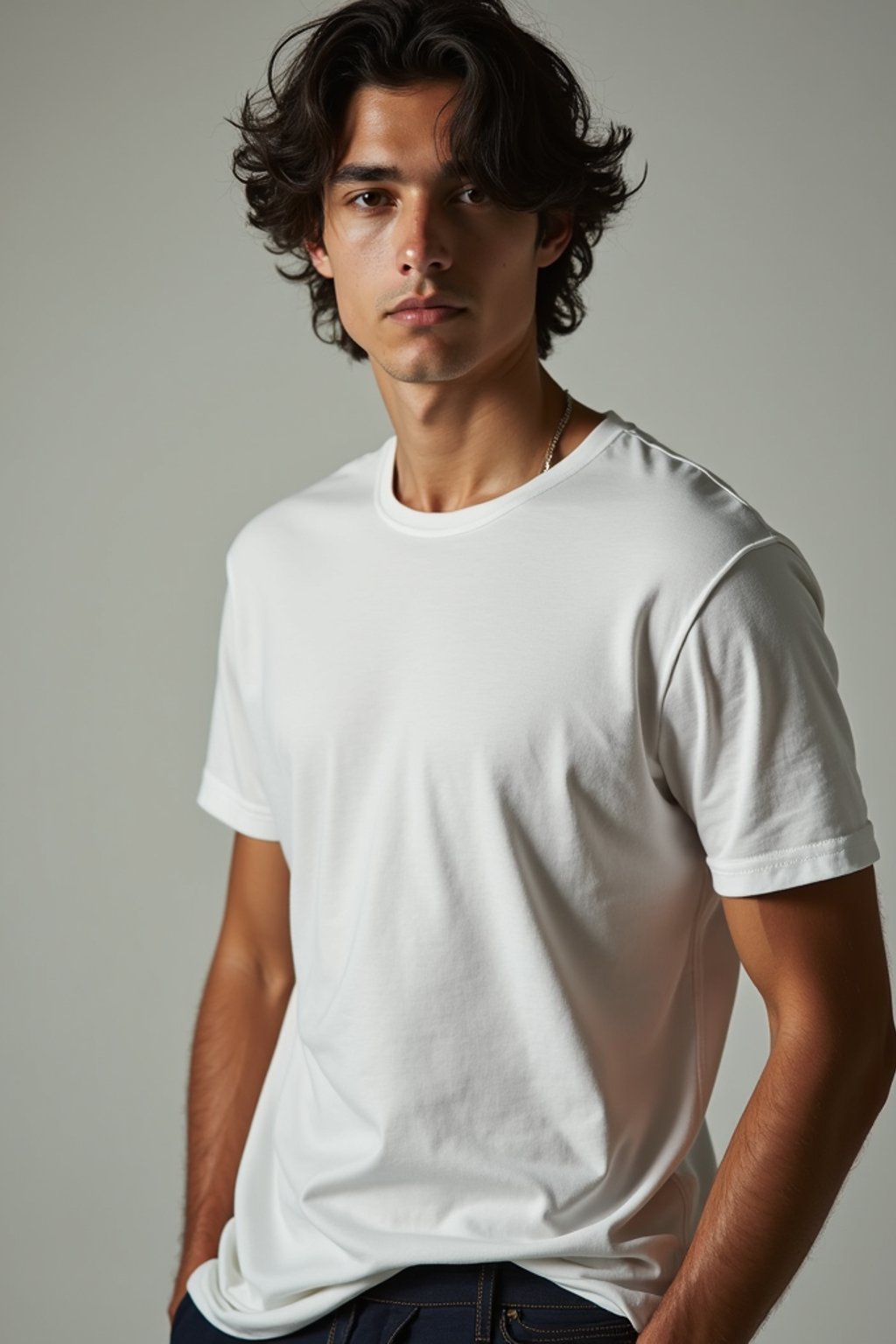 man wearing  t-shirt and pants in try on fashion shoot for Zara Shein H&M