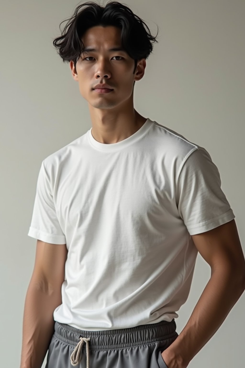 man wearing  t-shirt and gym shorts in try on fashion shoot for Zara Shein H&M