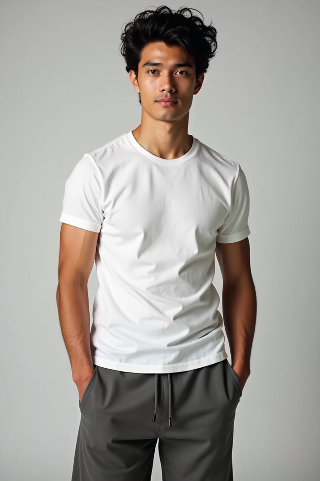 man wearing  t-shirt and gym shorts in try on fashion shoot for Zara Shein H&M