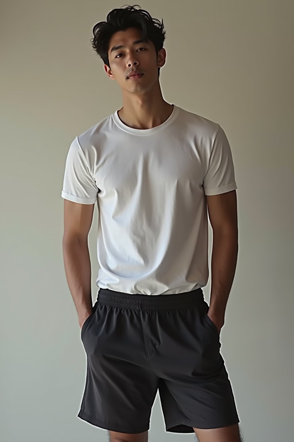 man wearing  t-shirt and gym shorts in try on fashion shoot for Zara Shein H&M