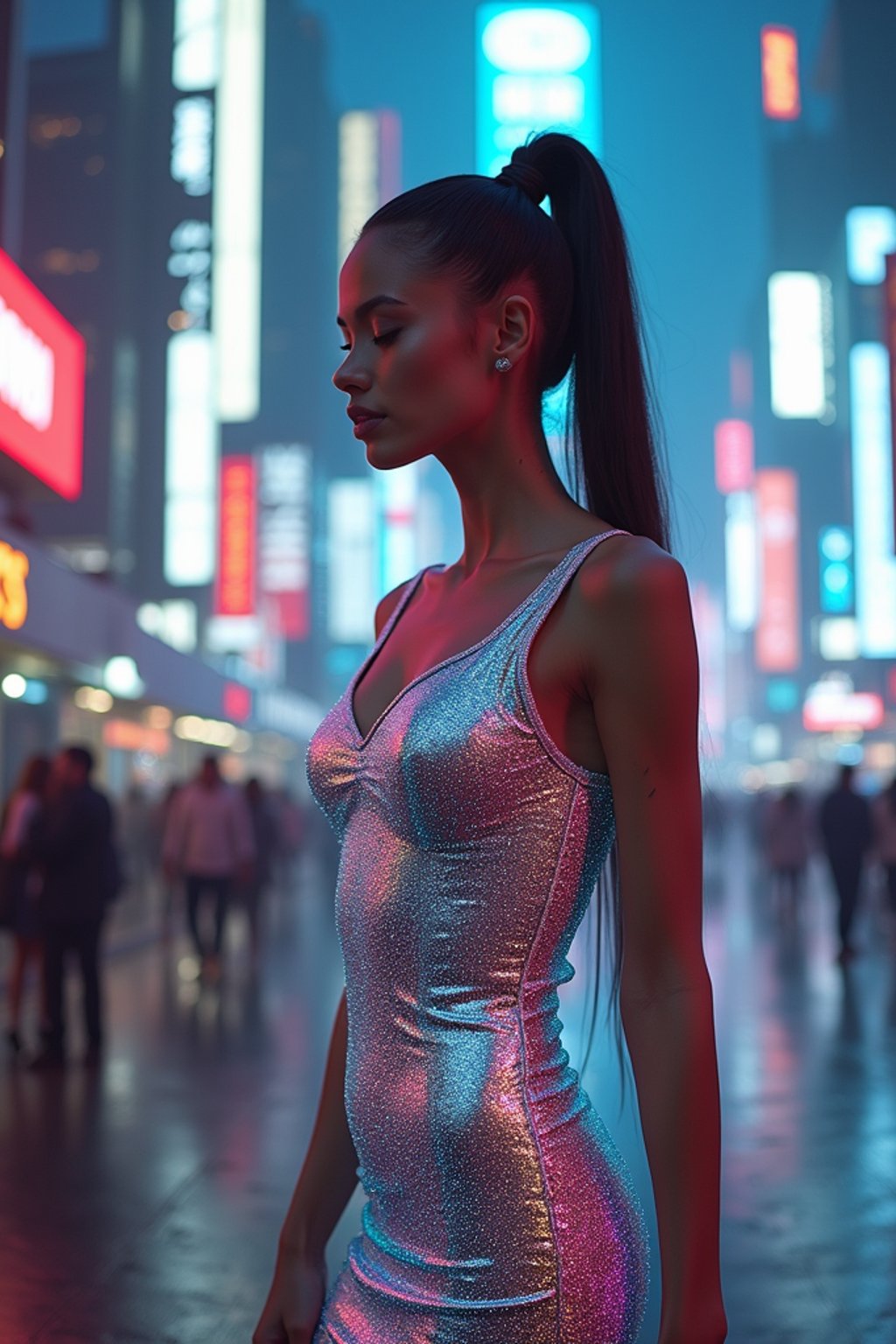 woman wearing holographic bodycon dress  in a cybernetic cityscape