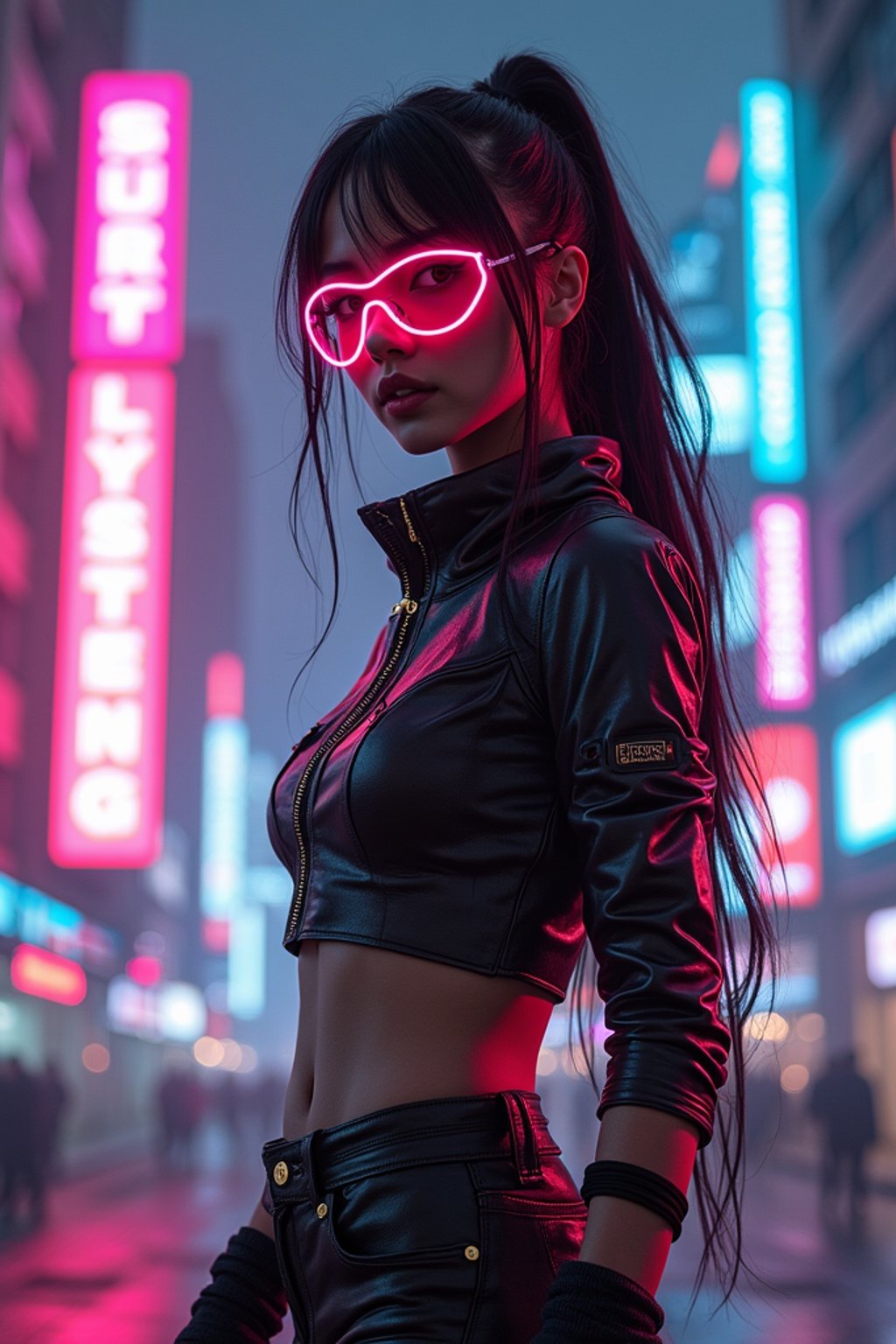 cyberpunk woman with futuristic cyberpunk neon clothes standing in cyberpunk city with neon lights city on Mars in future, neon billboards, skyscrapers