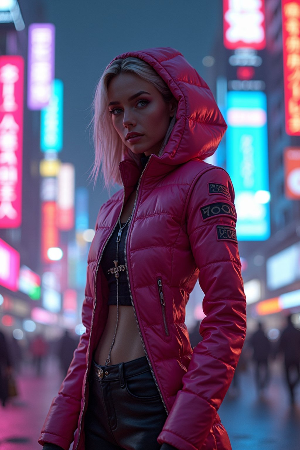 cyberpunk woman with futuristic cyberpunk neon clothes standing in cyberpunk city with neon lights city on Mars in future, neon billboards, skyscrapers